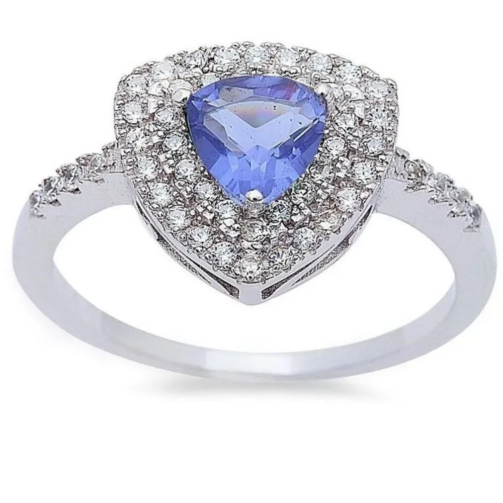 Trillion Cut Tanzanite & White Topaz Halo Ring 1.75ct Size 8 925 Sterling Silver